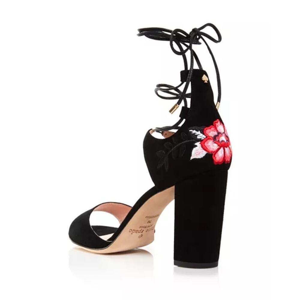Kate Spade Oasis Lace-Up Suede Heels Floral Embroidered Sandals Black Size 6.5